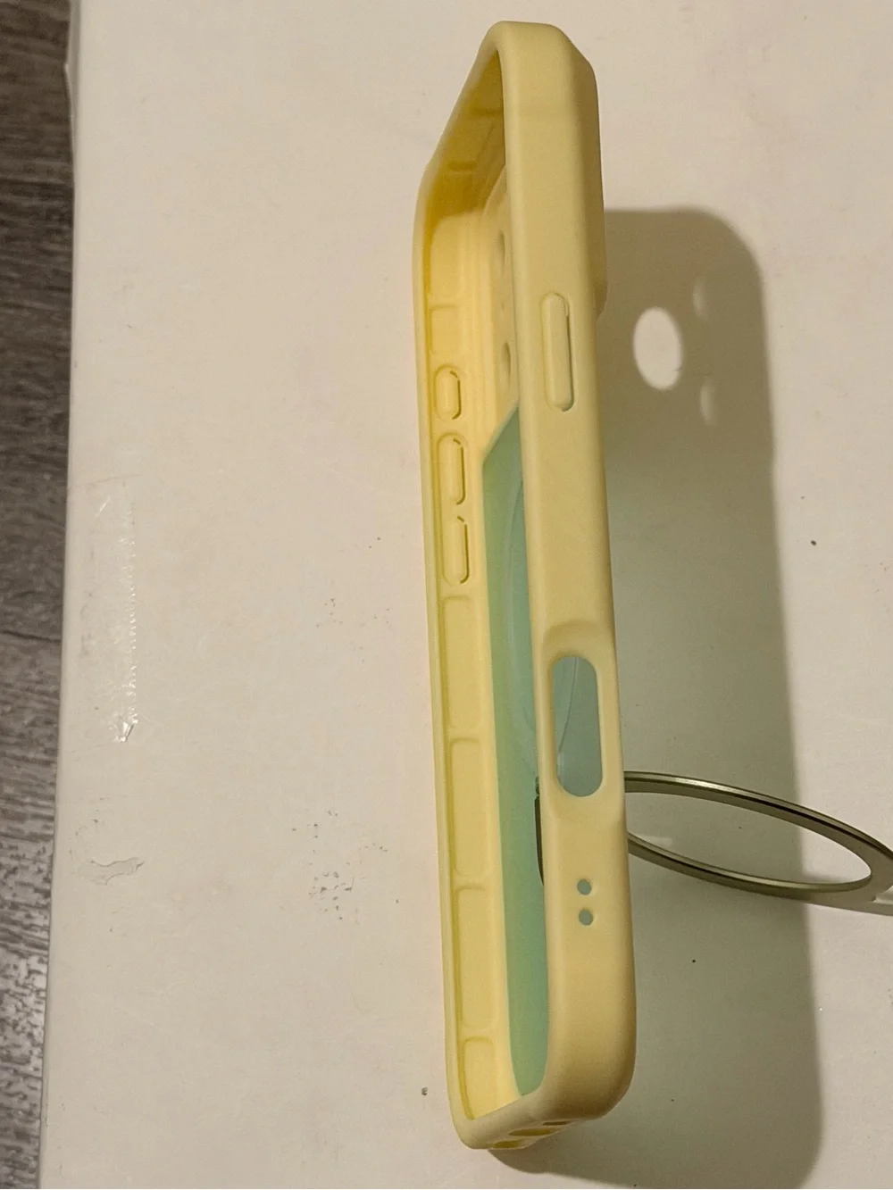 Silicone Dual-Tone Phone Case with Metal Ring Stand - Cream & Light Green